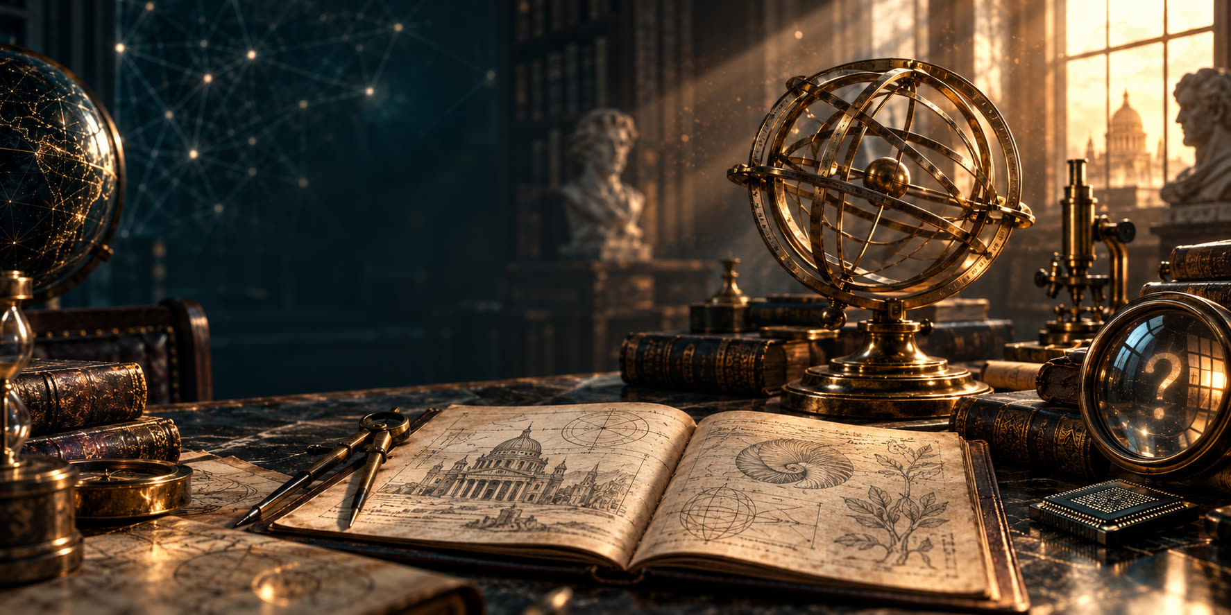 An antique brass sphere and optical lens in a sunlit study